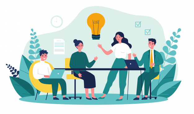 Image source: https://www.freepik.com/premium-vector/business-team-working-together_8069957.htm Team working around a table, brainstorming.